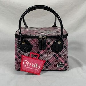 Barbiecore Tapered Pink Black Plaid w/Black Patent Handles Cosmetics Tote Punk